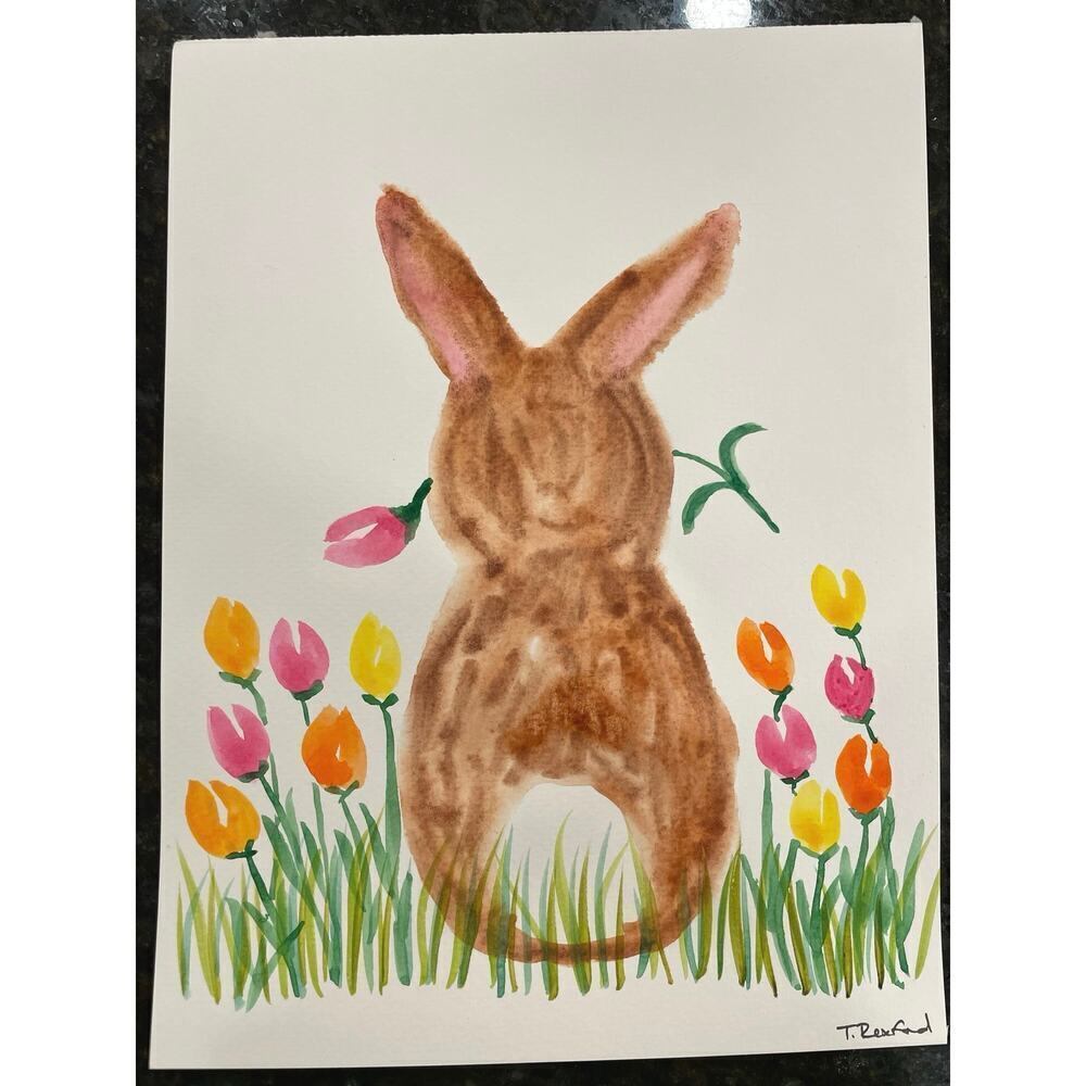 Hand painted watercolor original painting bunny tulips 9x12